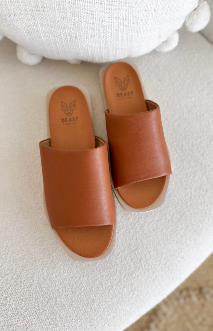 Cognac Slip On Platform Sandals