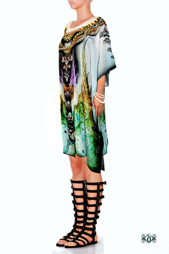 CRYSTALLIUS Ornate Crystals Pure Silk Devarshy Short Embellished Kaftan - 1096B