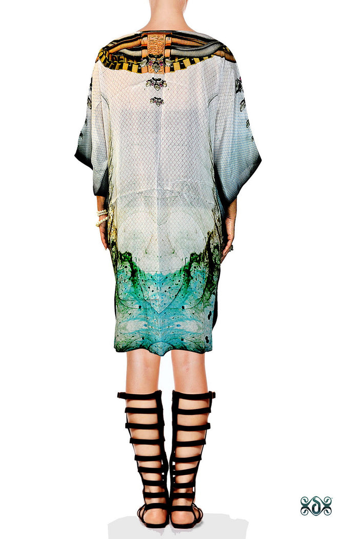 CRYSTALLIUS Ornate Crystals Pure Silk Devarshy Short Embellished Kaftan - 1096B