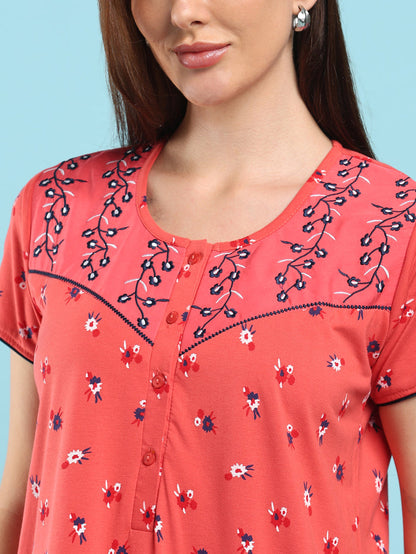 Dark Peach Floral Cotton Blend Designer Nighty for Women