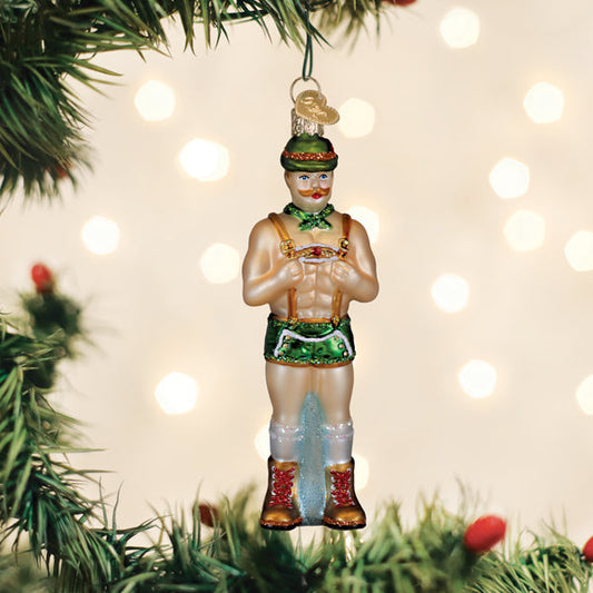 Dasher Holly Jolly Hunk glass ornament of a shirtless reindeer man