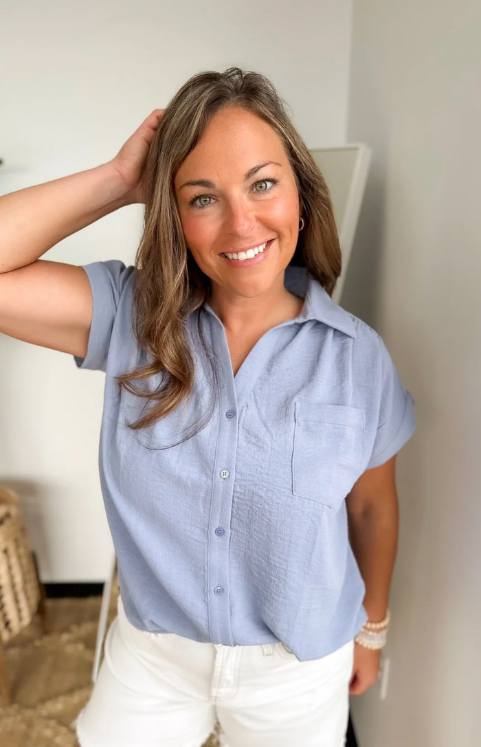 Denim Collared Button Short Sleeve Top