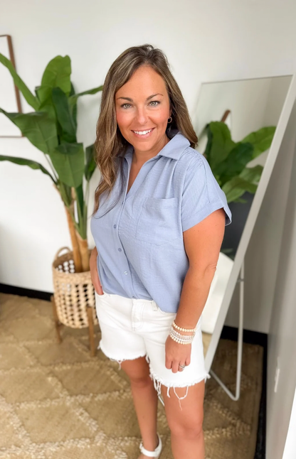 Denim Collared Button Short Sleeve Top