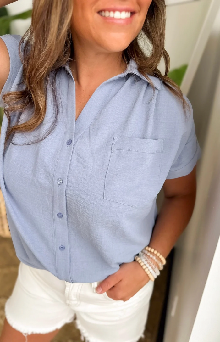 Denim Collared Button Short Sleeve Top