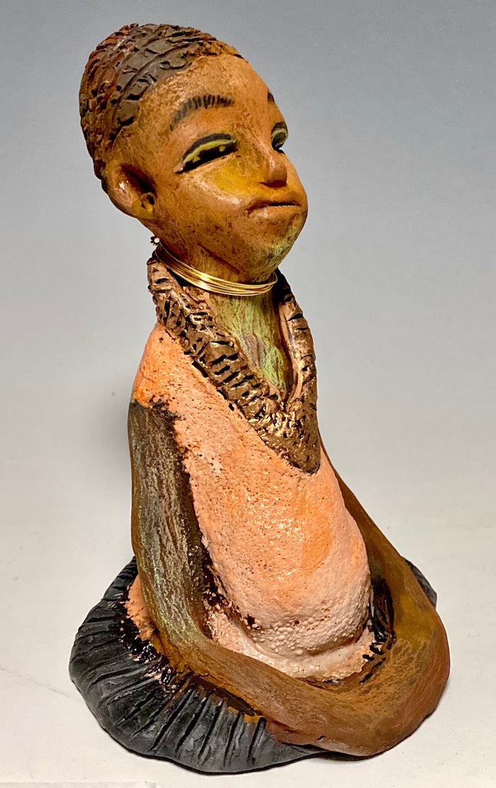 Meet Ernestine! Ernestine stands 7" x 5”x 5" and weighs  1.4 lbs.  Ernestine has a lovely pale pink dress with a gold wire necklace.    Ernestine appears to sit in a yoga pose. Her long arms rest at her side. With the current situation we All are facing, Ernestine will place a smile on your face during this challenging time. If not, return her within 30 days for a complete refund.                Gift Cards are available!!