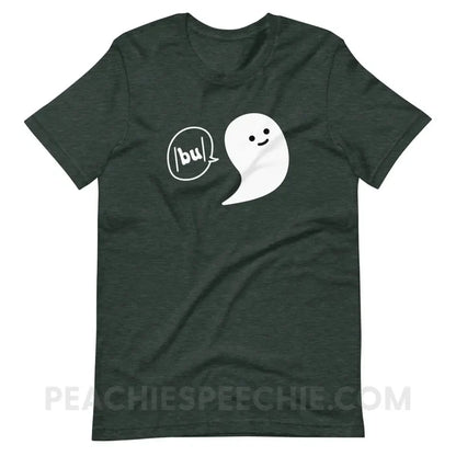 Ghosty Says /bu/ Premium Soft Tee - Heather Forest / S - peachiespeechie.com