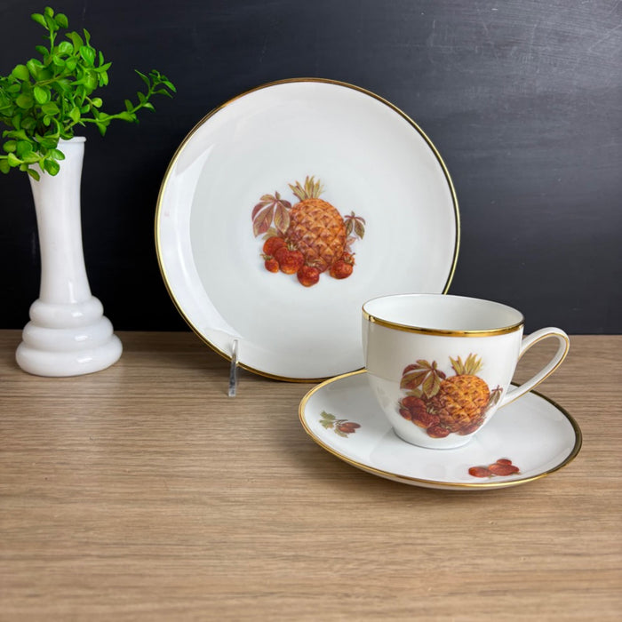 Hutschenreuther Hohenberg Olivia 63 Tea Trio Pineapple, Porcelain, Gold Rim - NextStage Vintage