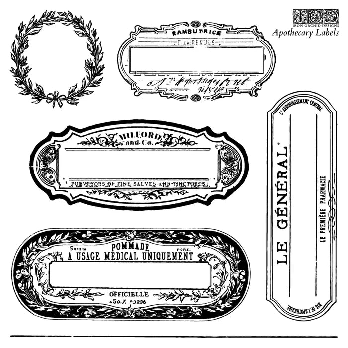 IOD Decor Stamp Apothecary Labels 6"x6" Four Sheets with Case by Iron Orchid Designs