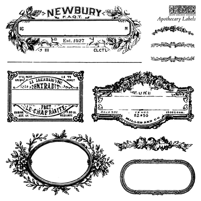IOD Decor Stamp Apothecary Labels 6"x6" Four Sheets with Case by Iron Orchid Designs