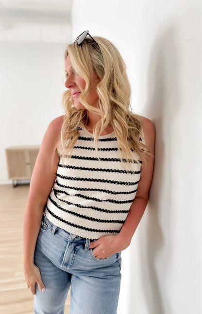Ivory/Black Pointelle Striped Sleeveless Top