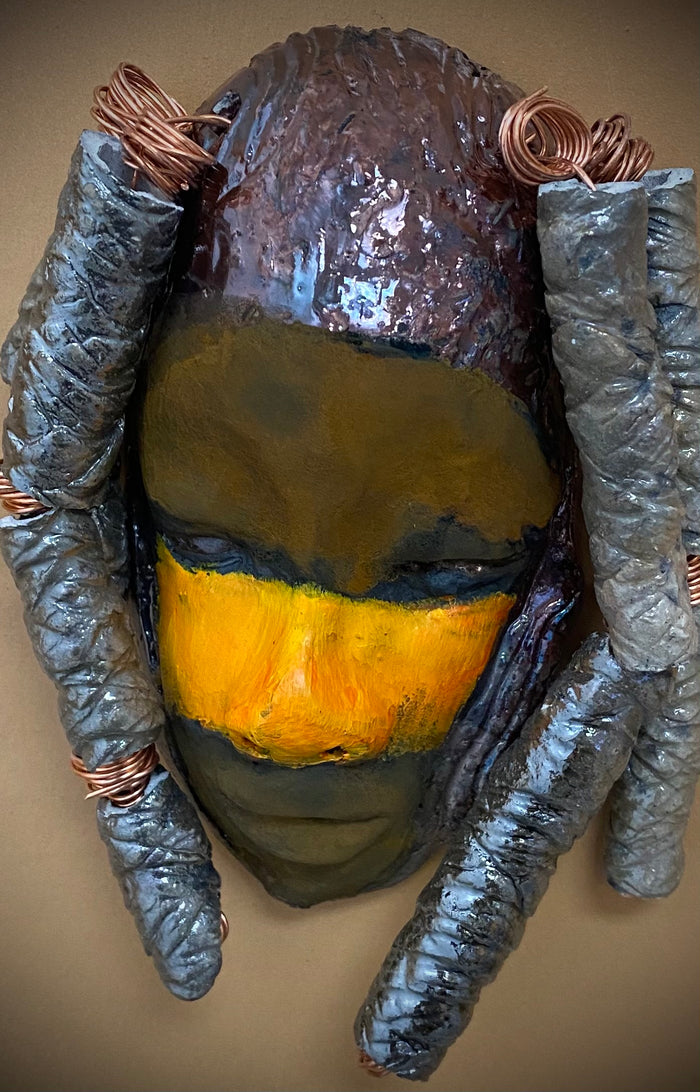I started making art soon after seeing authentic African artwork at the Smithsonian Museum of African Art. I was in total awe.   Lavender was inspired by my visit there.  Lavender  is 4”x 7” and weighs 10  ozs. She has a two tone copper earthy complexion. Lavender has four spiral off white coils of  beaded hair. She is ready to be installed in your home! I suggest a small space with a warm background.