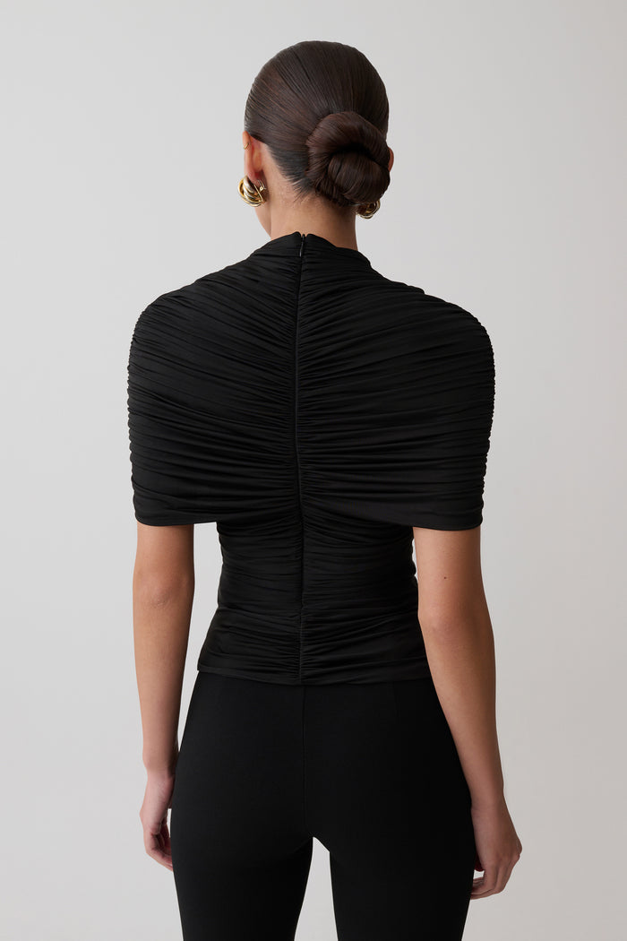 Linh Slinky High Neck Gathered Top - Black