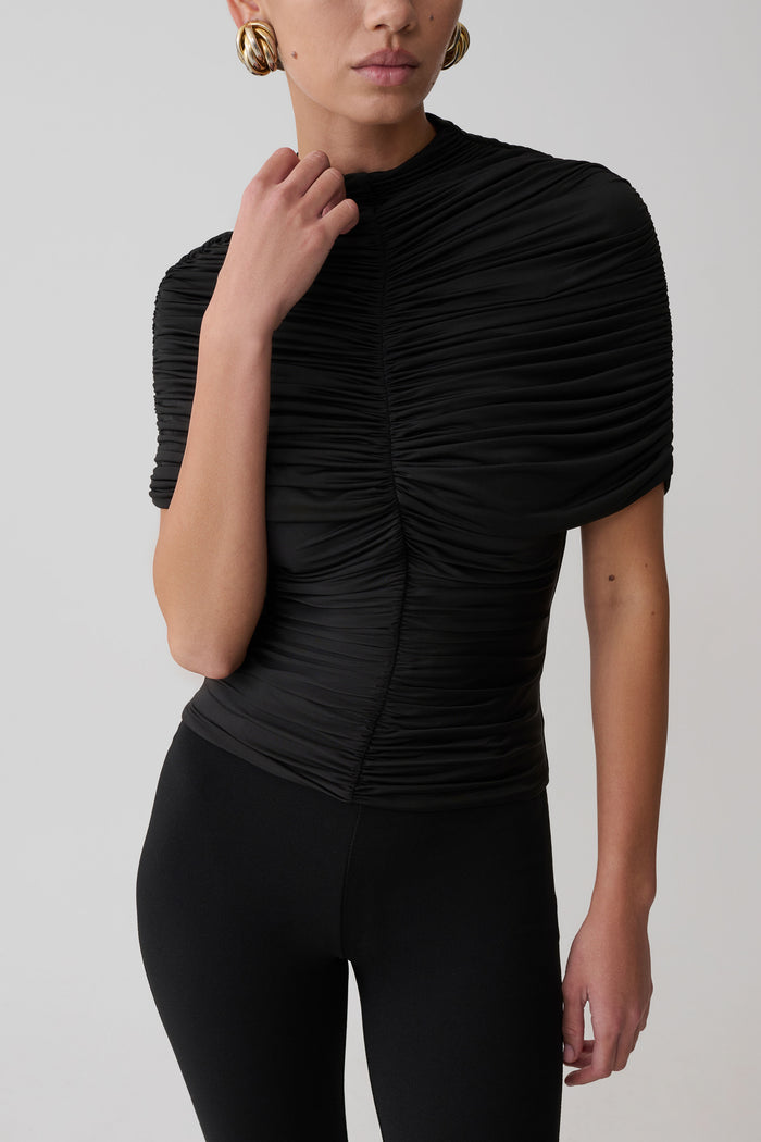 Linh Slinky High Neck Gathered Top - Black