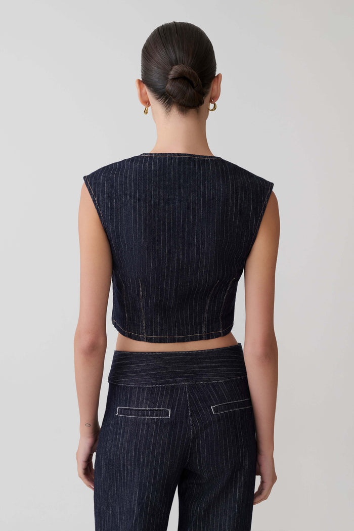 Loraine Sleeveless Denim Top - Indigo Pinstripe
