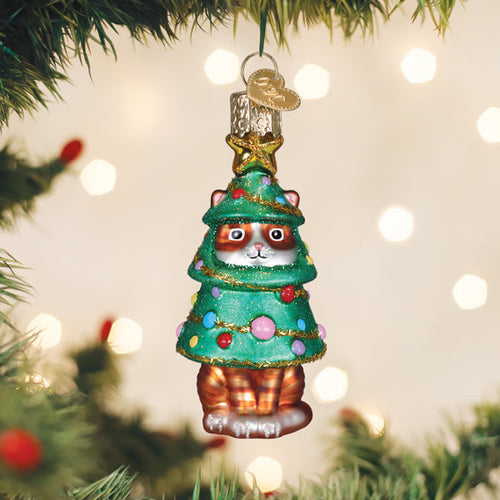 Meowmas Tree glass ornament of a cat in a Christmas tree costume