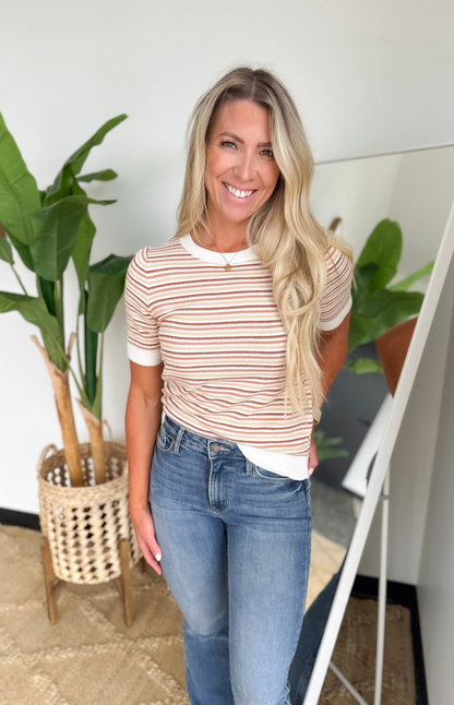 Multi Striped Short Sleeve Textured Top