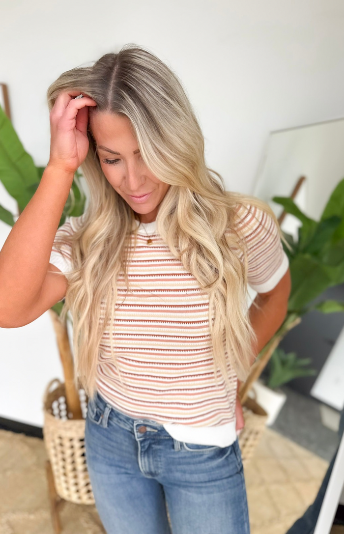 Multi Striped Short Sleeve Textured Top