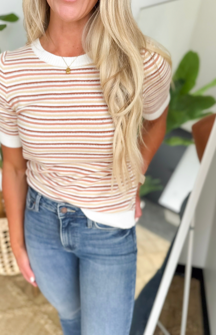 Multi Striped Short Sleeve Textured Top