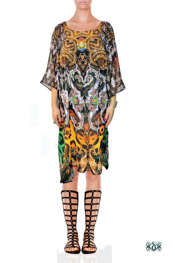 NATURE MORTE Bejeweled Animal Print Devarshy Pure Silk Short Kaftan - 1108A
