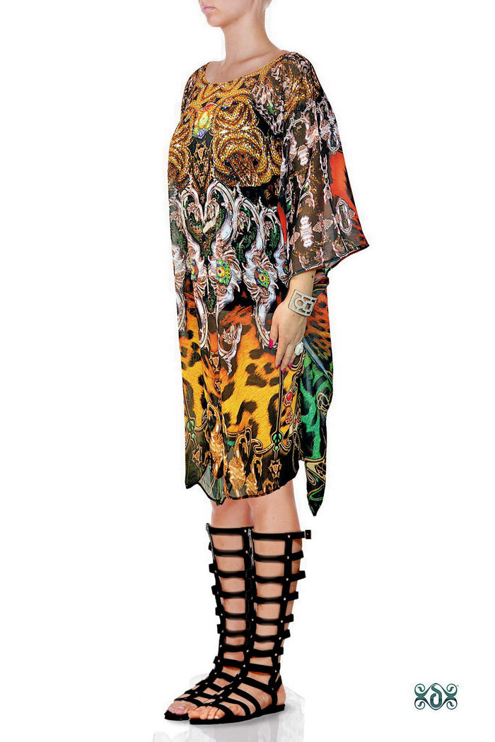 NATURE MORTE Bejeweled Animal Print Devarshy Pure Silk Short Kaftan - 1108A
