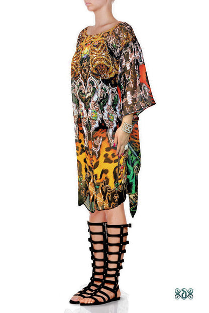 NATURE MORTE Bejeweled Animal Print Devarshy Pure Silk Short Kaftan - 1108A