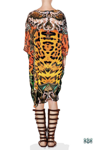 NATURE MORTE Bejeweled Animal Print Devarshy Pure Silk Short Kaftan - 1108A