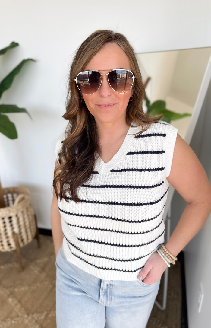 Navy/Cream Striped Knit Sweater Vest