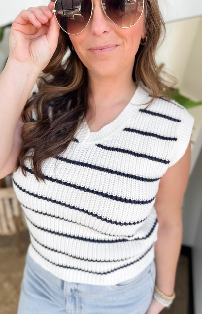 Navy/Cream Striped Knit Sweater Vest