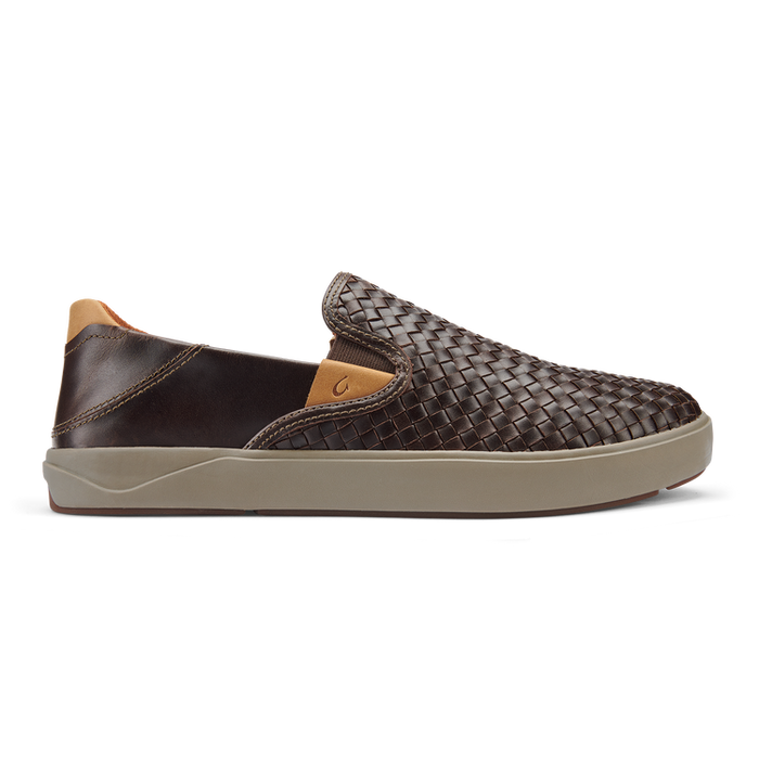 Side profile of OluKai Lae'Ahi brown slip-on showing elastic gusset and woven leather toe box