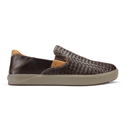 Side profile of OluKai Lae'Ahi brown slip-on showing elastic gusset and woven leather toe box
