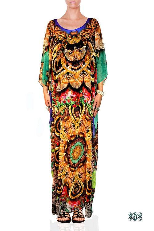 Ornamental Florals Kaftan, Crystals Embellished Caftan, Long Georgette Kaftan  - 1126A