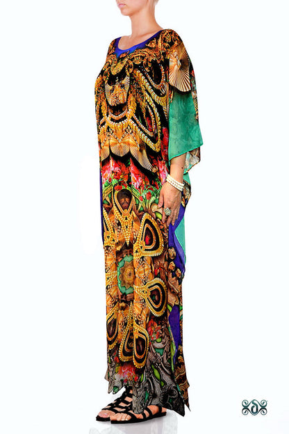 Ornamental Florals Kaftan, Crystals Embellished Caftan, Long Georgette Kaftan  - 1126A