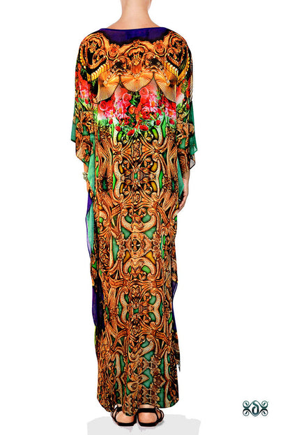 Ornamental Florals Kaftan, Crystals Embellished Caftan, Long Georgette Kaftan  - 1126A