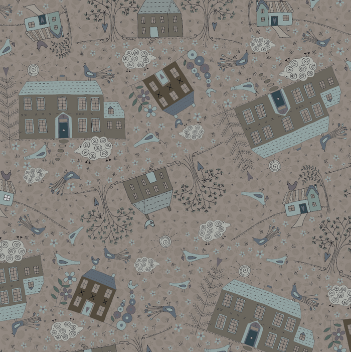 Peacock Manor - Peacock Lane 3323-003 - lavender cotton fabric with manor houses and peacocks