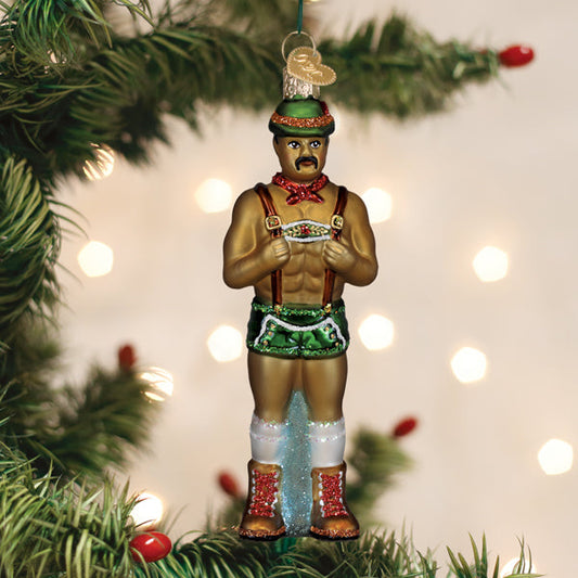 Prancer Holly Jolly Hunk glass ornament in lederhosen