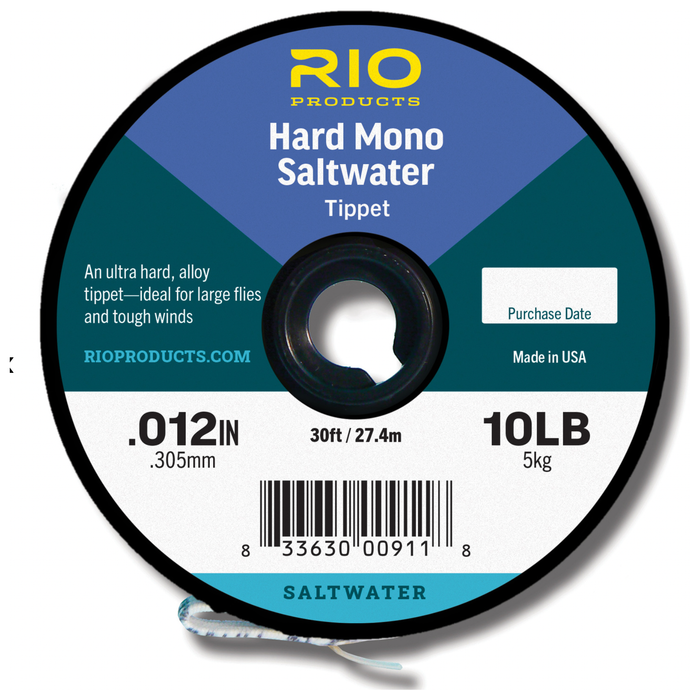 Black spool of RIO Hard Mono Saltwater Tippet with blue label displaying 10lb strength and 30ft length