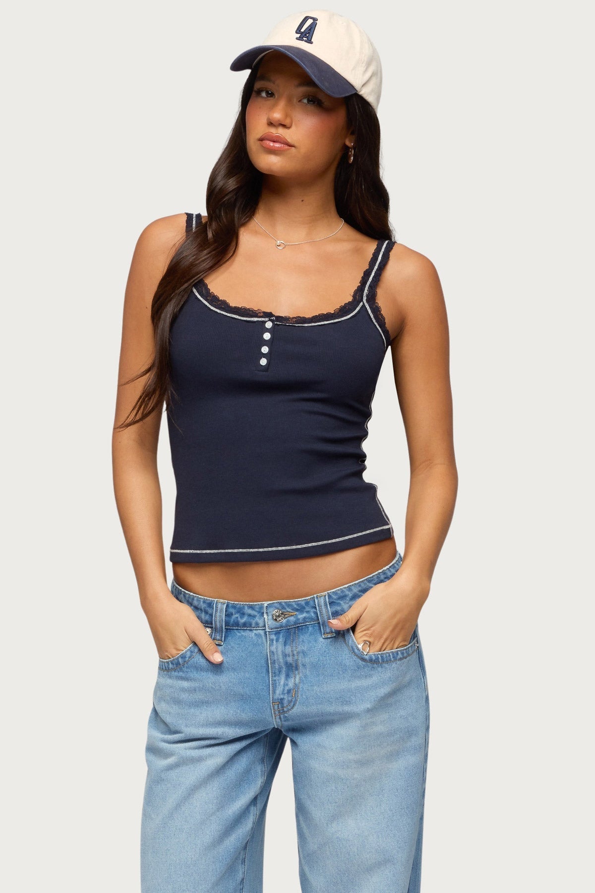 Contrast Stitched Lacey Henley Top