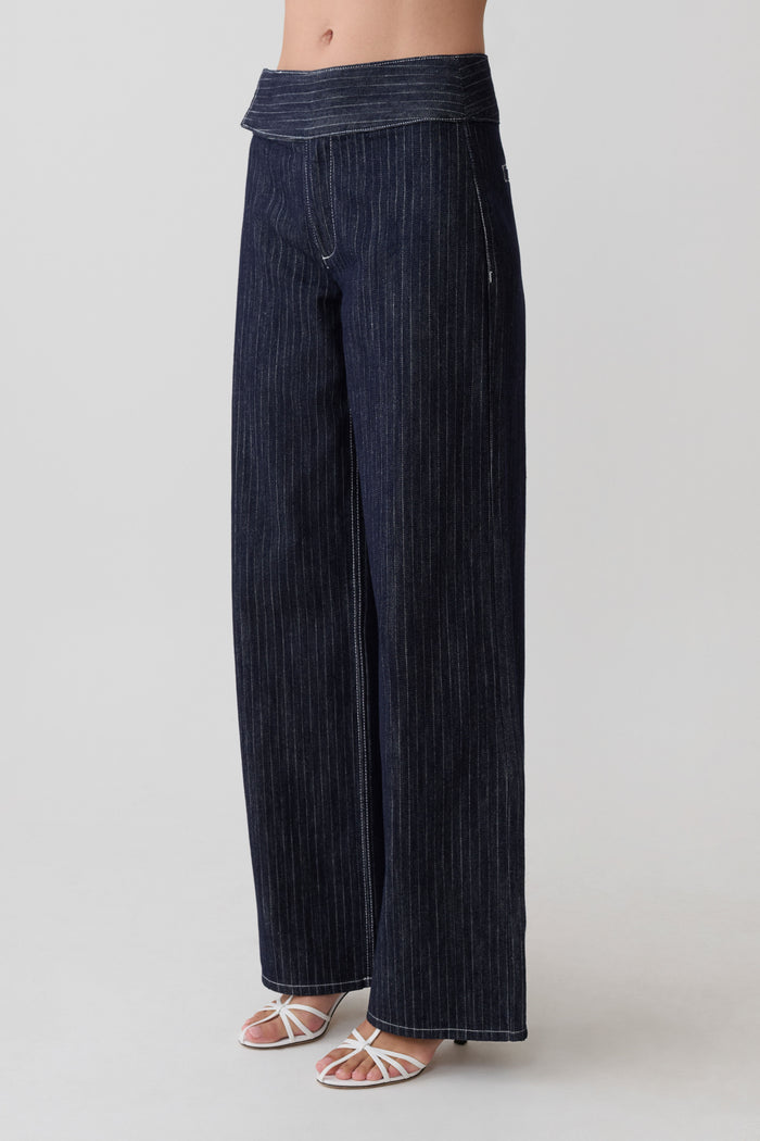 Sienna Flare Mid Rise Denim Jeans - Indigo Pinstripe