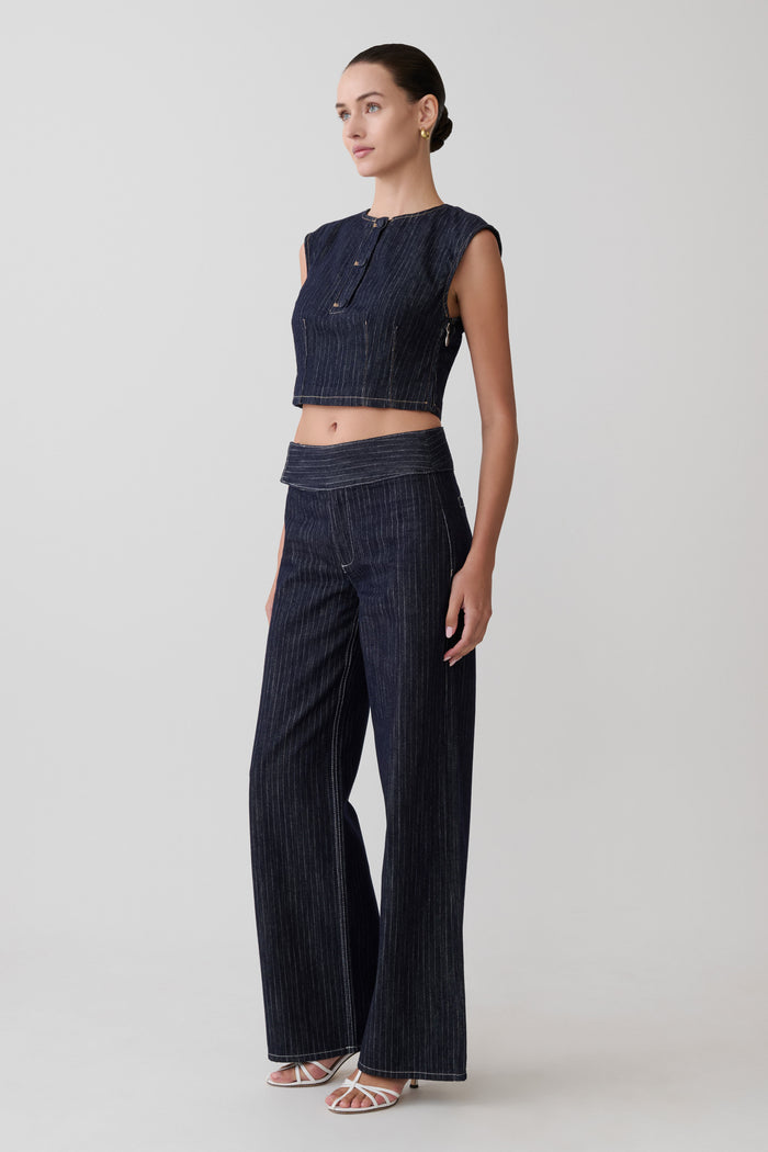Sienna Flare Mid Rise Denim Jeans - Indigo Pinstripe