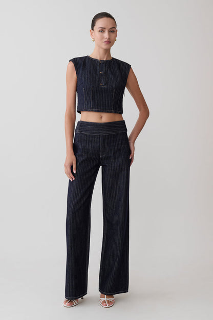 Sienna Flare Mid Rise Denim Jeans - Indigo Pinstripe