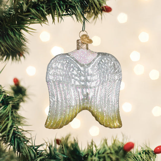 Sterling angel wings glass ornament in glittered silver and white