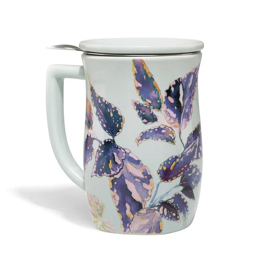 Tea mug with floral design and lid on a white background