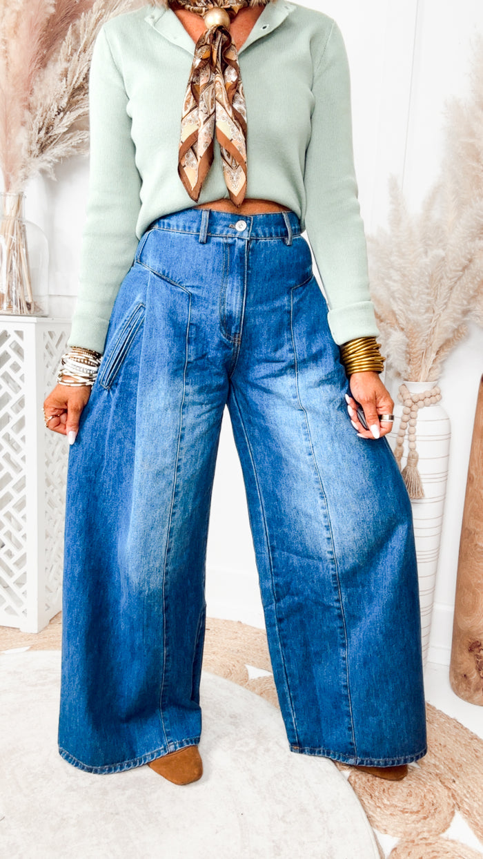 The Beckham Pleated Wide Leg Jean-Denim