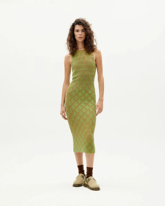 Thinking Mu Femme - Parrot Pippi Knitted Dress - Green and Orange-Robes-WKN00177