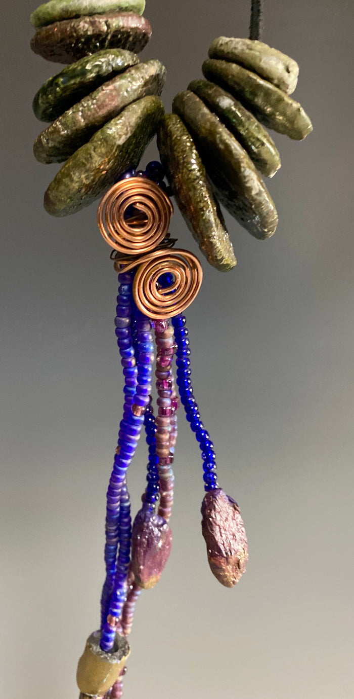 Simply Beautiful! 14" cord 10 Raku fired discs small acrylic beads 2 ozs Nice!
