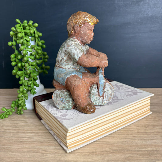 Vintage 1970s Studio Pottery Boy on Tricycle Figurine - Speckled Stoneware Sculpture - Folk Art - Handmade - NextStage Vintage