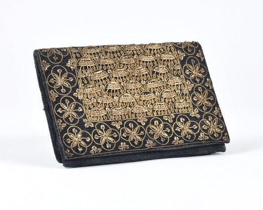 Vintage Beaded Purse-Black Corduroy Clutch Bag-Bronze Gold Beads and Trim-Made in India Tamara Scott Designs