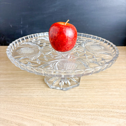 Vintage Clear Pressed Glass Pedestal Cake Stand - Sunflower and Crosshatch Pattern - Octagonal Foot - NextStage Vintage