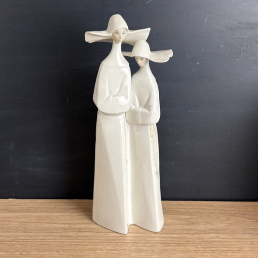 Vintage Lladro Two Nuns Figurine #4611 Glossy Porcelain Spain 13.25" Tall - NextStage Vintage