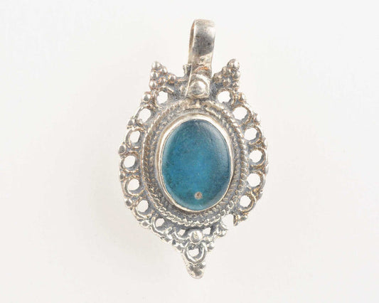 Vintage Pendants-Tribal Gypsy Glass Pendant-Antique Silver-Teal Green-No. 15